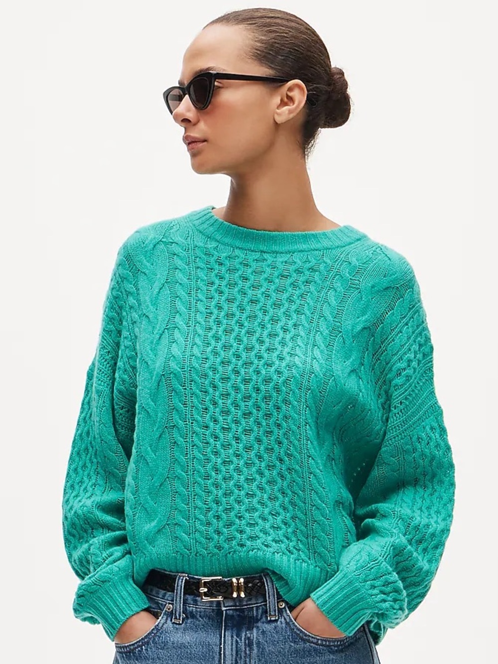 NWT J. CREW 100% Cashmere cable-knit blouson-sleeve sweater bright kelly M CT933
